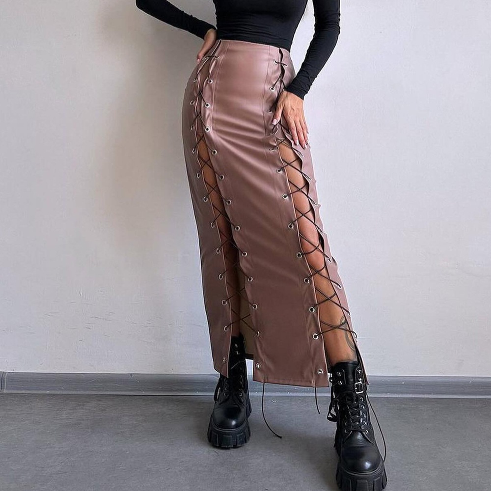 OM- 2025 Spring PU Leather Sexy Solid Color Slit Tie-up Bodycon Skirt Slimming Skirt